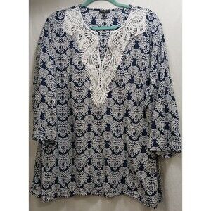 Crochet-Trim Navy and White Printed Women's Tunic Top